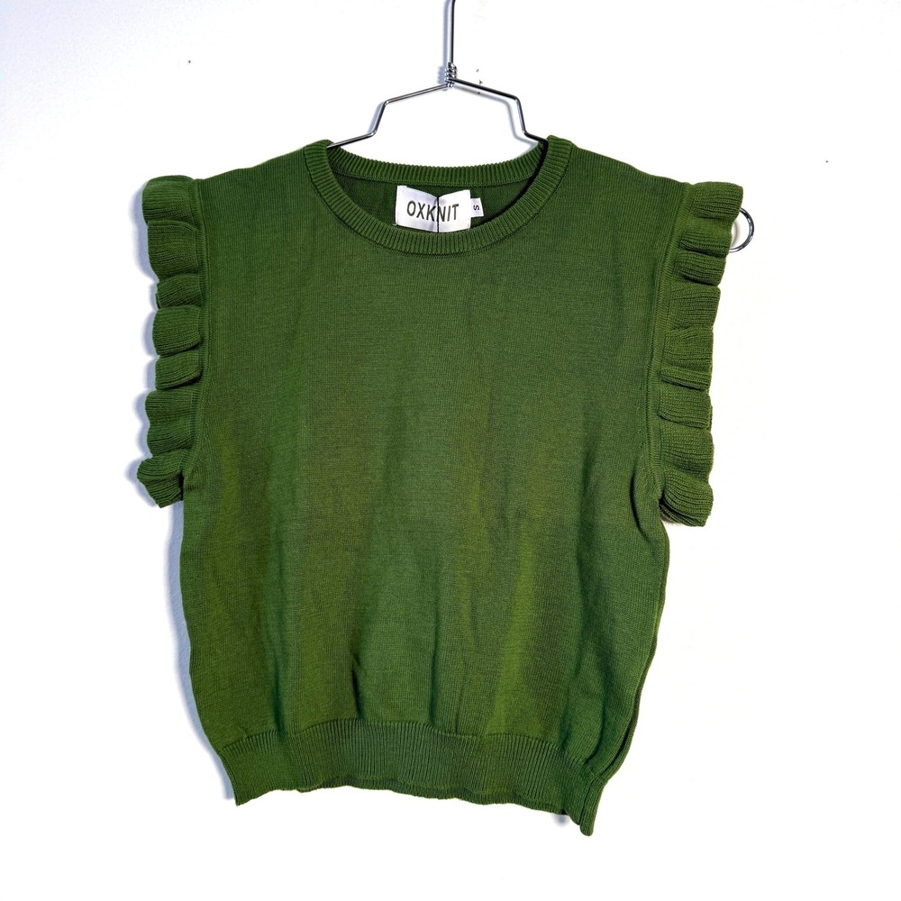 OXKNIT Sweater Vest Womens Small Green New Ruffle Cap Sleeve Retro Knit Top